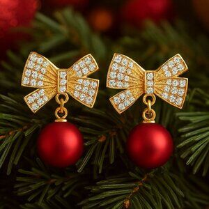 Holiday Red Christmas Bow Tie Earrings Sparkling Zircon Festive Jewelry Gift
